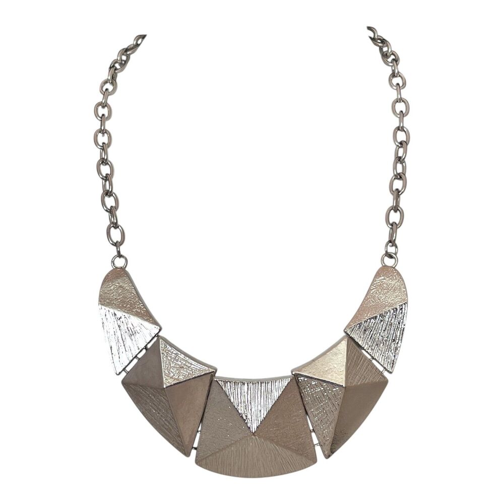 New Silver Tone Statement Necklace Raised Geometric Design Textured - 10E